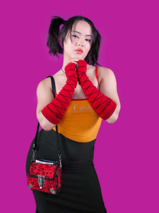 Another view of the deep red arm warmers